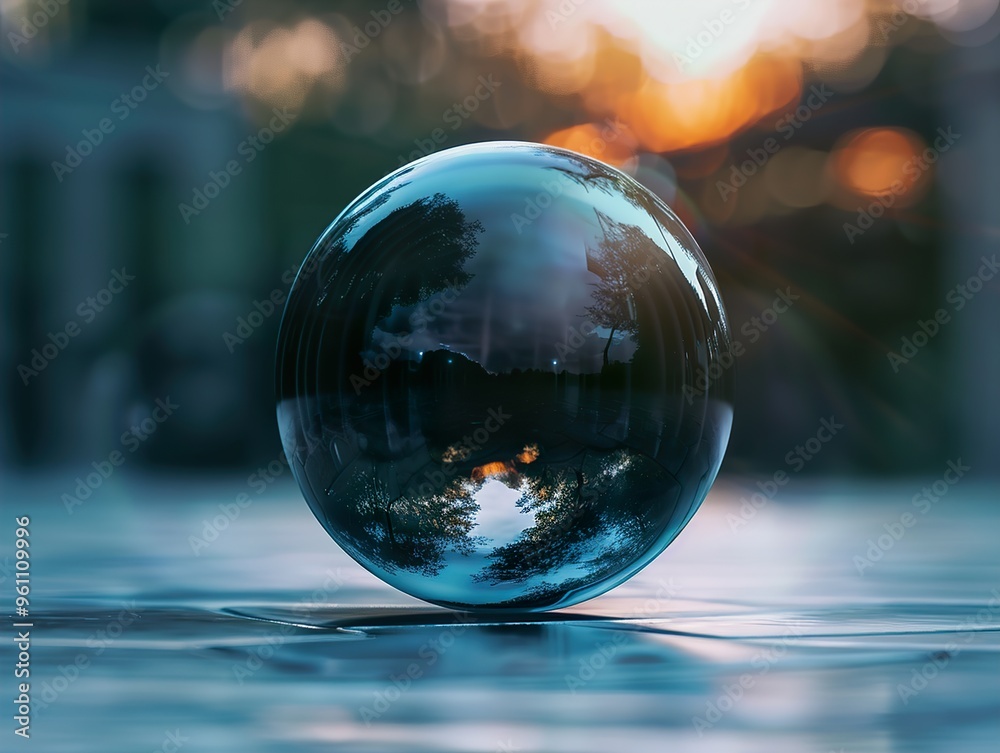 A glass ball reflecting a sunset sky and trees. A glass ball reflecting a sunset sky and trees.