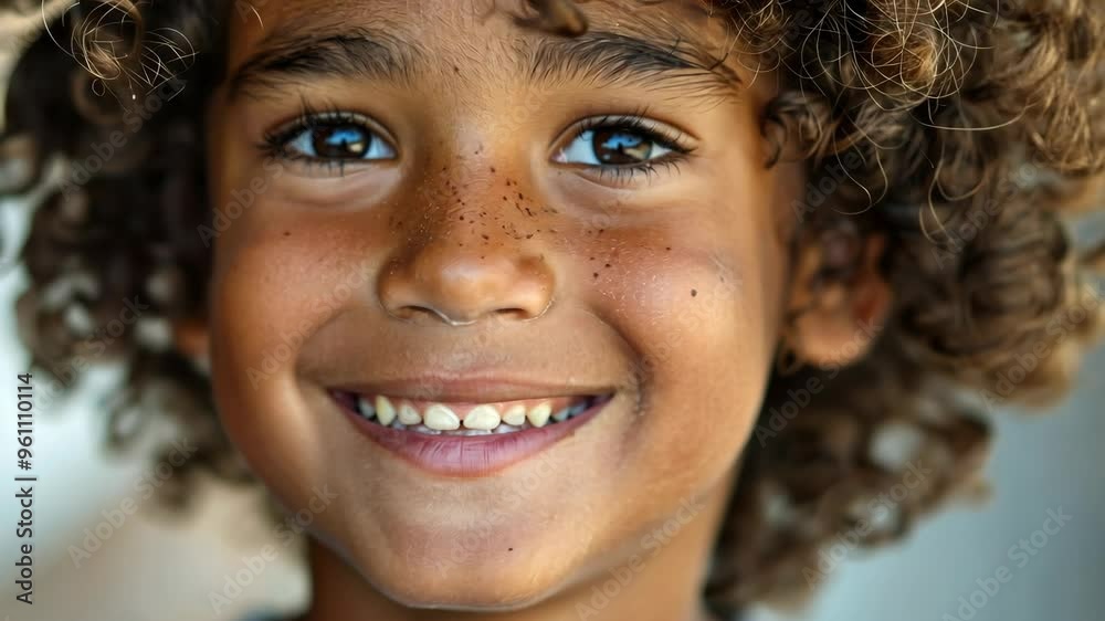 Smiling boy with curly hair and freckles enjoys a sunny day outdoors in a cheerful moment Smiling boy with curly hair and freckles enjoys a sunny day outdoors in a cheerful moment