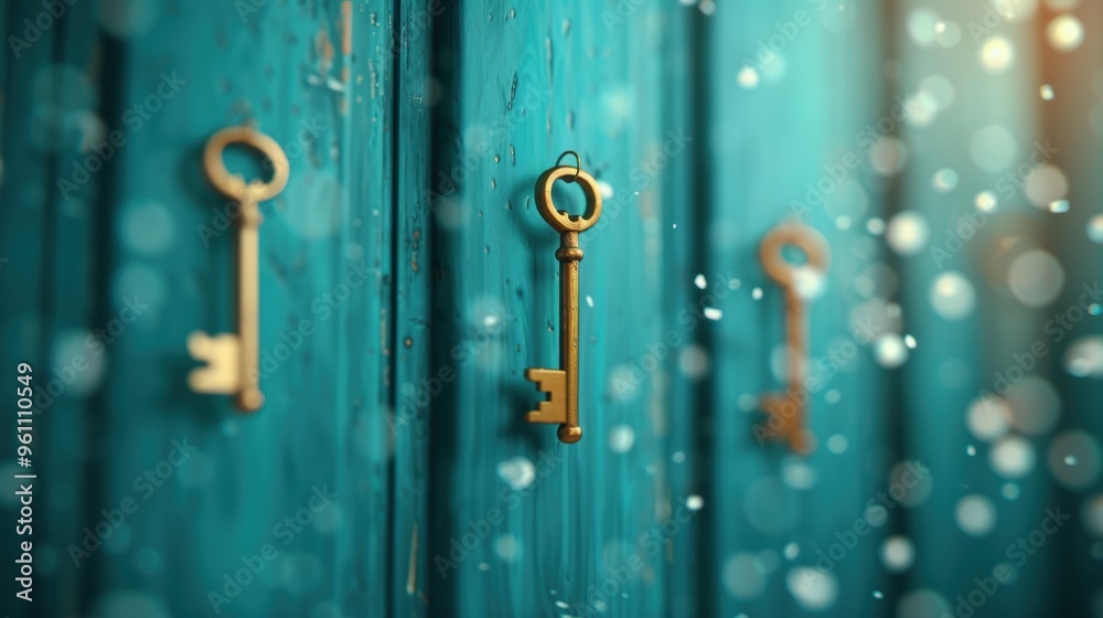 Fototapeta premium An atmospheric photograph of a mysterious doorway adorned with multiple antique keys, symbolizing the passage to unknown realms and secrets.