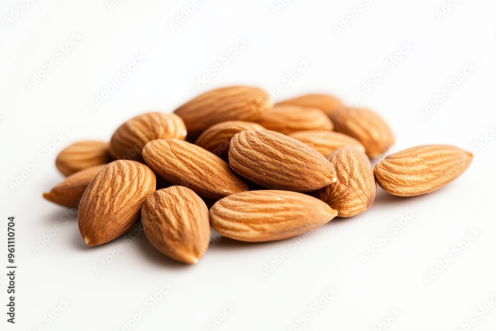 A pile of almonds on a white background, showcasing their natural texture and color. A pile of almonds on a white background, showcasing their natural texture and color.