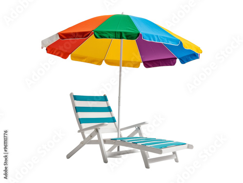 Colorful beach umbrella with lounge chair for summer relaxation