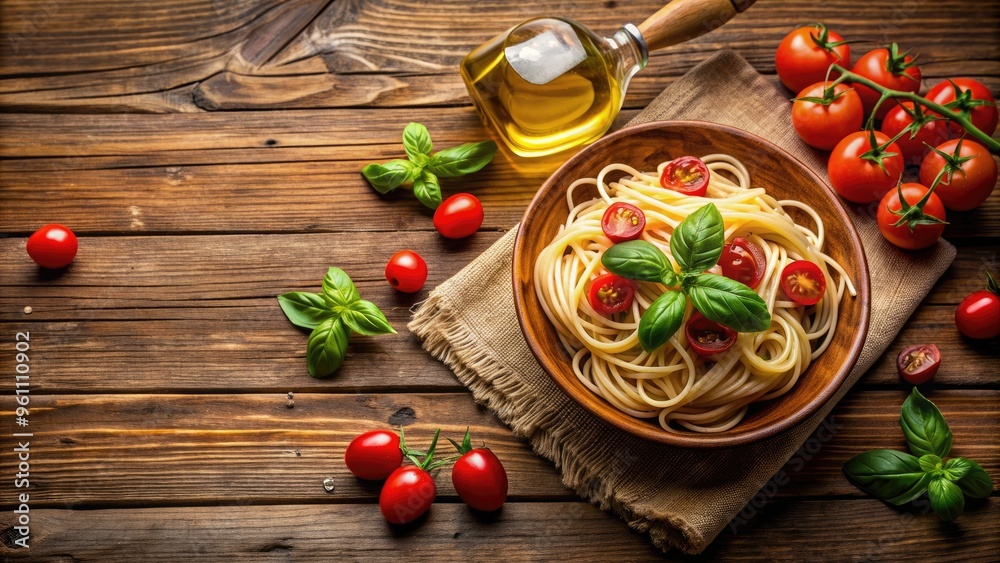 Delicious Italian spaghetti with basil, tomatoes, and olive oil on rustic wooden table, Italian, spaghetti, basil, tomatoes Delicious Italian spaghetti with basil, tomatoes, and olive oil on rustic wooden table, Italian, spaghetti, basil, tomatoes