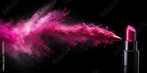 Explosion of pink makeup powder and red lipstick tube on black background, beauty, cosmetics, makeup, pink, red, explosion