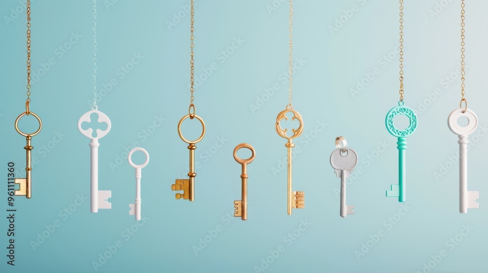 A collage of various keys suspended in mid-air against a neutral backdrop, illustrating the interconnectedness and significance of key concepts and ideas.