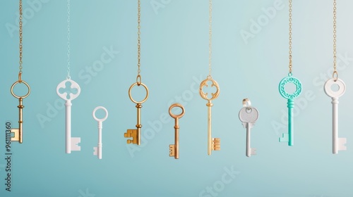 A collage of various keys suspended in mid-air against a neutral backdrop, illustrating the interconnectedness and significance of key concepts and ideas.