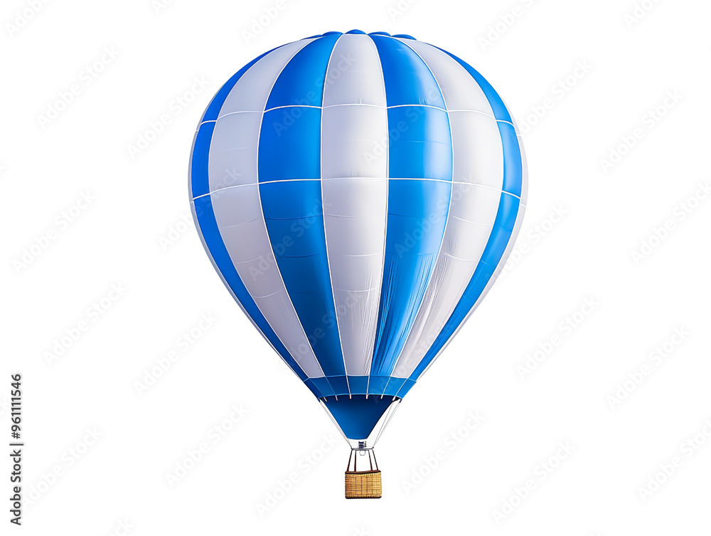 Naklejka premium Blue and white striped hot air balloon isolated on black background