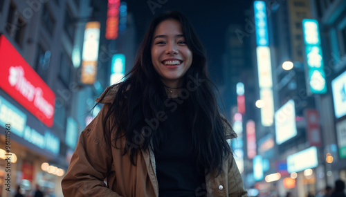 Korean girl smiling in the fresh air, wearing contemporary Korean outfits. Korean face and smile