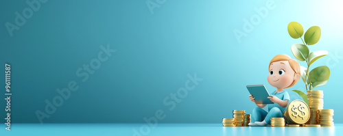 A child character using a tablet, surrounded by coins and a plant, depicting concepts of finance and growth in a colorful environment.