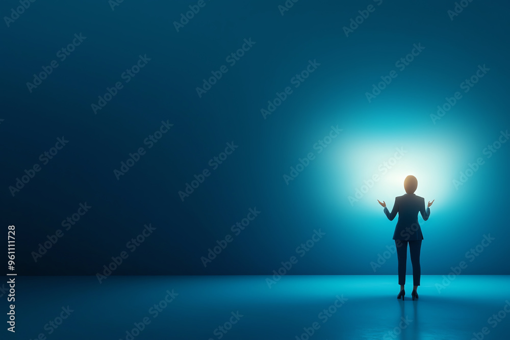 A professional figure stands in a spotlight, embodying confidence and determination in a serene blue environment. A professional figure stands in a spotlight, embodying confidence and determination in a serene blue environment.