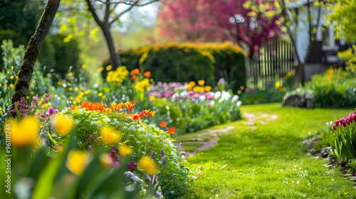 Serene Garden Path with Blooming Flowers