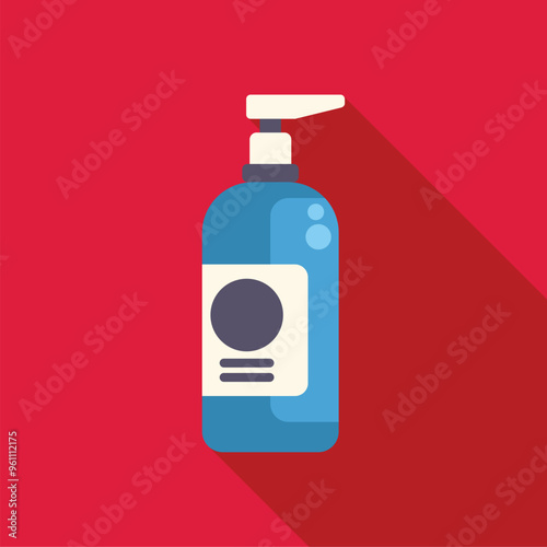 Blue plastic bottle dispenser pump containing shower gel or shampoo, with minimalist design and long shadow on red background