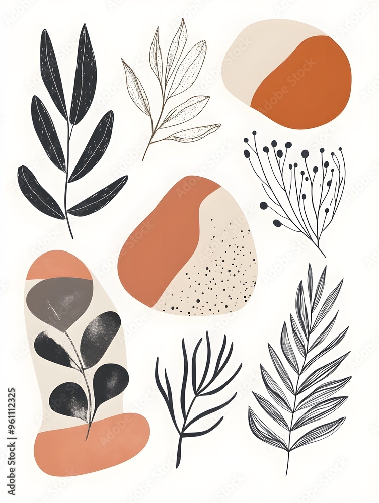 Botanical wall art background vector set.Earth tone natural colors foliage line art boho plants drawing with abstract shape. Mid century modern design for prints, poster, cover and wallpaper. Botanical wall art background vector set.Earth tone natural colors foliage line art boho plants drawing with abstract shape. Mid century modern design for prints, poster, cover and wallpaper.