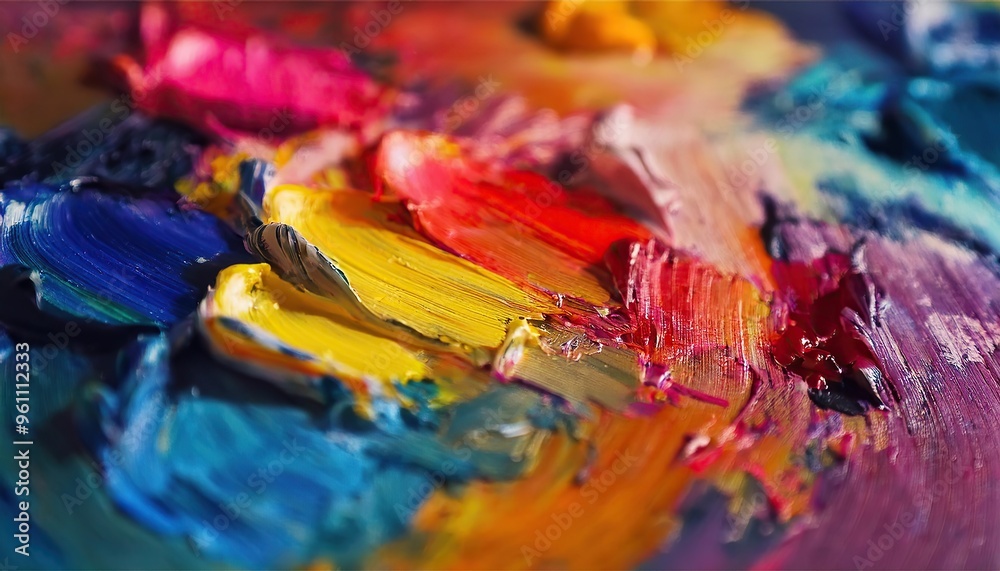 Fototapeta premium Close-up of vibrant paint colors and textures on artist's palette