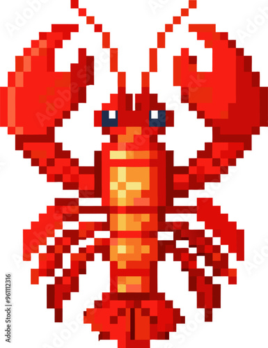 A red lobster with blue eyes is the main focus of the