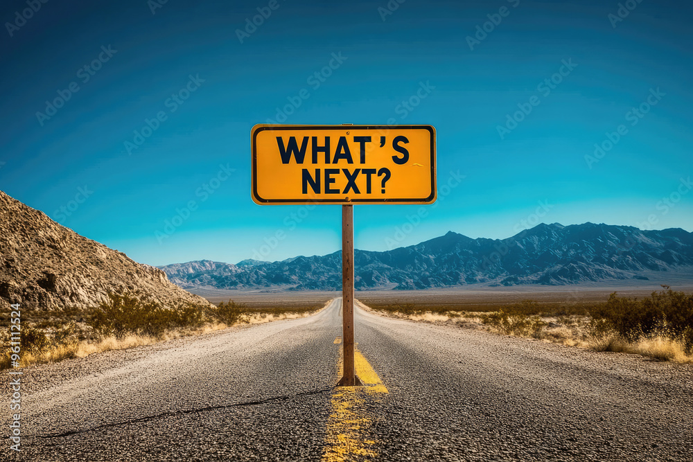 Desert Road Inquiry, a solitary road stretches into a vast desert landscape, marked by a prominent yellow sign asking an existential question under a clear blue sky Desert Road Inquiry, a solitary road stretches into a vast desert landscape, marked by a prominent yellow sign asking an existential question under a clear blue sky