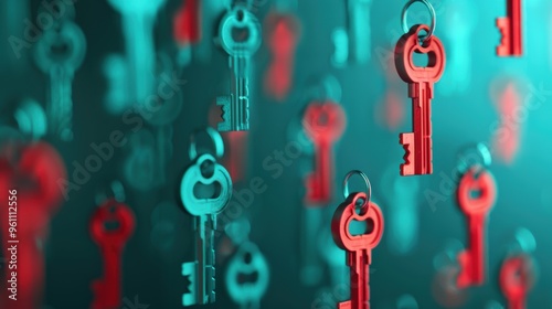 Composite image of multiple keys and keyholes merging into a unified design, symbolizing interconnectedness and access control. photo