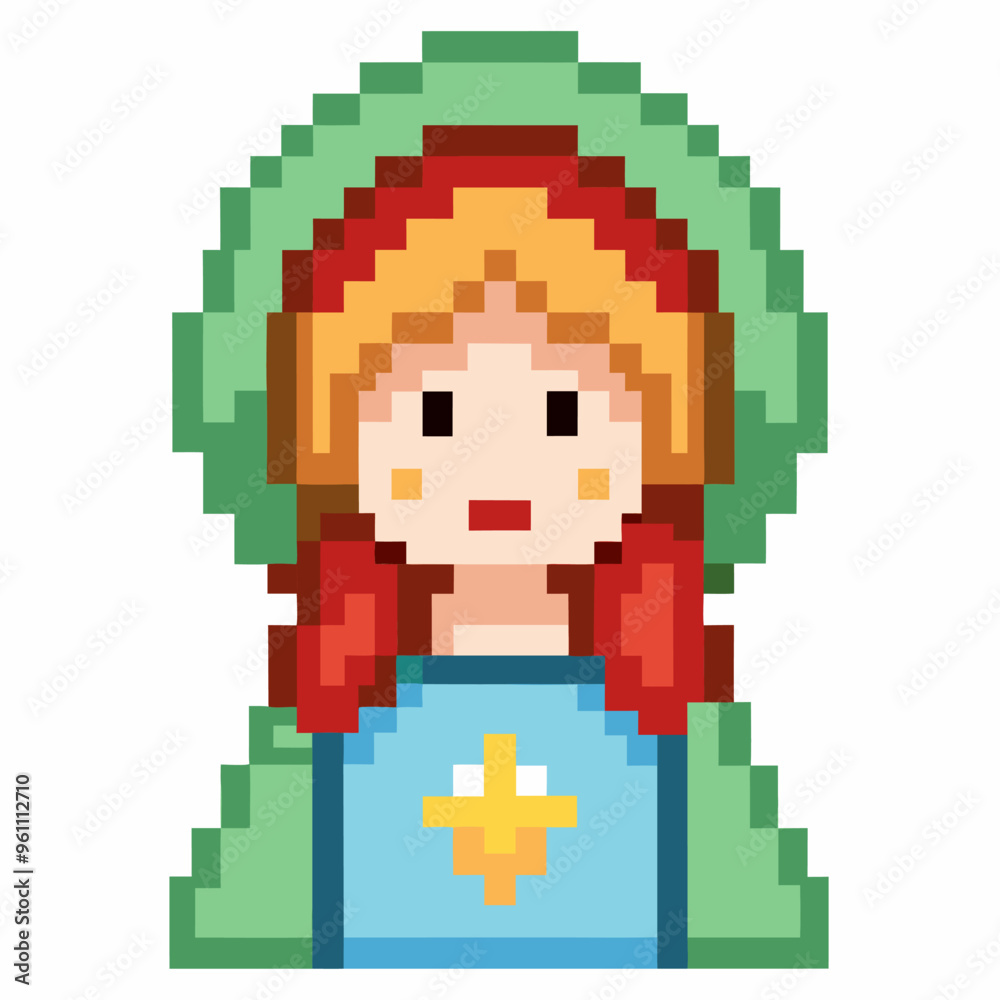 Fototapeta premium Retro Pixel Art Character of a Person with Red Hair in Green and Blue Outfit