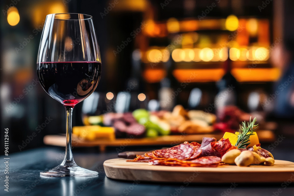Wine and Charcuterie Experience, Elegant red wine glass paired with an artisan board of assorted meats, cheeses, and garnishes, ideal for a cozy gathering or celebration. Wine and Charcuterie Experience, Elegant red wine glass paired with an artisan board of assorted meats, cheeses, and garnishes, ideal for a cozy gathering or celebration.