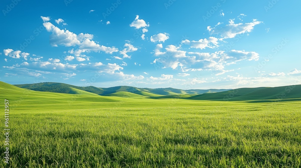 A vast green field under a bright blue sky with scattered white clouds, evoking tranquility and natural beauty. A vast green field under a bright blue sky with scattered white clouds, evoking tranquility and natural beauty.