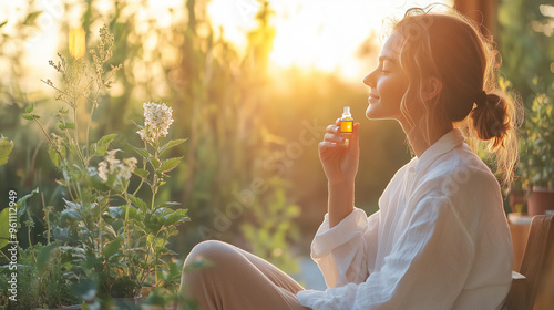 Woman enjoying aromatherapy in nature at sunset with essential oil, focusing on relaxation and wellness photo