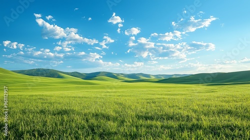 A vast green field under a bright blue sky with scattered white clouds, evoking tranquility and natural beauty.