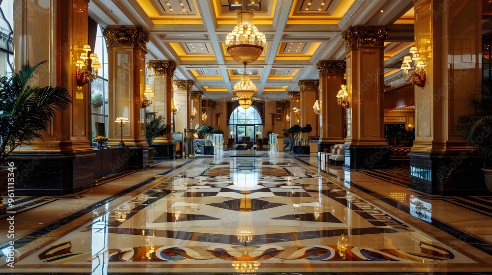 Obraz premium Grand Hotel Lobby with Marble Floor and Chandeliers