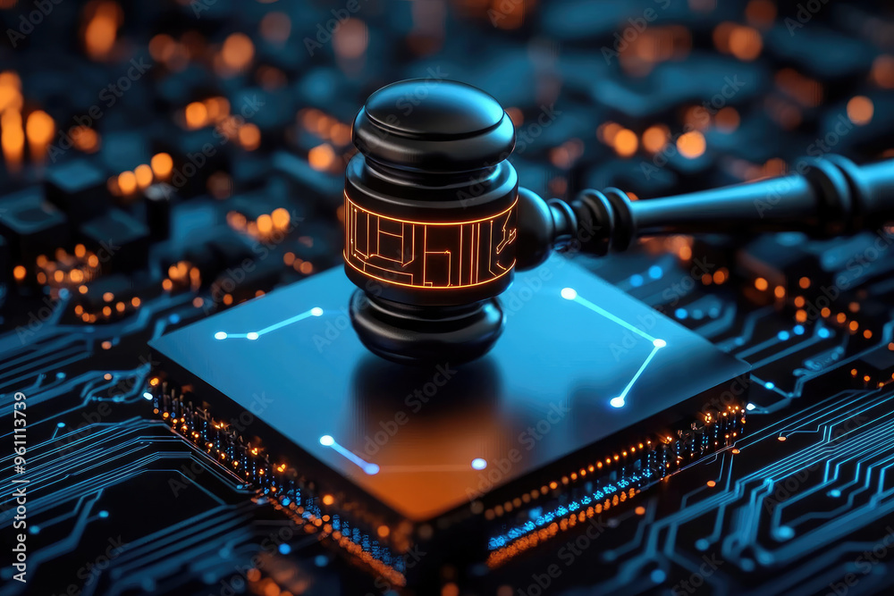 Digital justice, a gavel resting on a glowing circuit board, symbolizing the intersection of law and technology in the age of digital innovation and regulation.