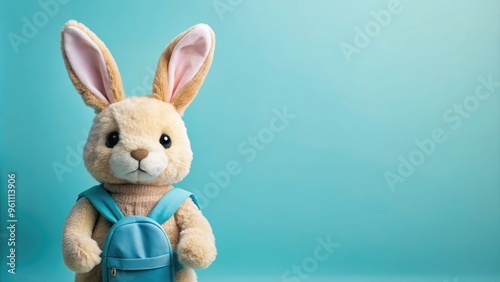 Cute bunny in backpack ready for school with pastel blue background , Easter, bunny, school, education, backpack, cute