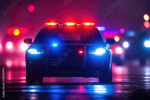 Emergency Response Night Scene, a police car with flashing lights confronts a dark urban environment, reflecting urgency and vigilance amidst a blurred backdrop of red and blue lights. photo