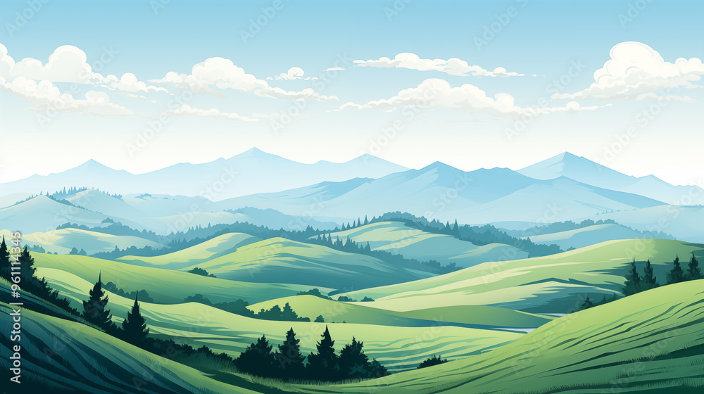 Field landscape. Minimalist landscape with green hills and blue sky. Field landscape. Minimalist landscape with green hills and blue sky.