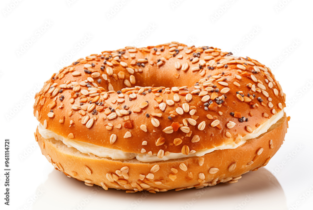Bagel isolated on a white background. Fresh baked buttery bagel with sesame seeds Bagel isolated on a white background. Fresh baked buttery bagel with sesame seeds