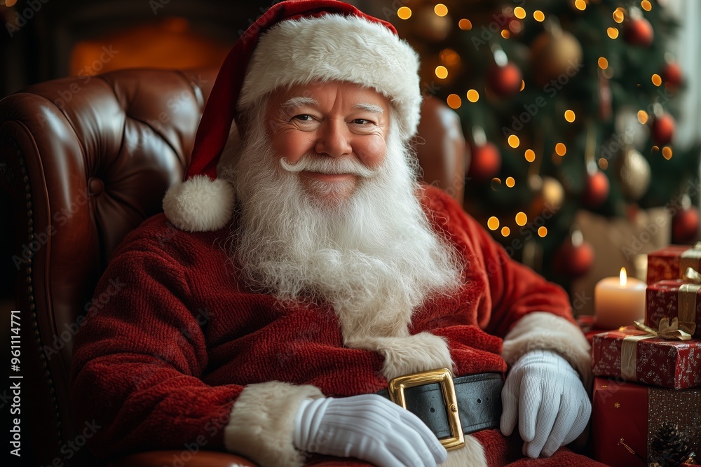 Santa Claus sitting in an armchair in a Christmas decorated living room, dressed as Santa Claus, with Christmas decorations around him Santa Claus sitting in an armchair in a Christmas decorated living room, dressed as Santa Claus, with Christmas decorations around him