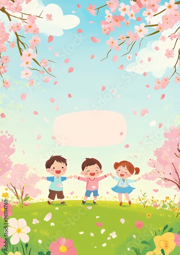 Three smiling children stand in a field of flowers under a pink cherry blossom tree.