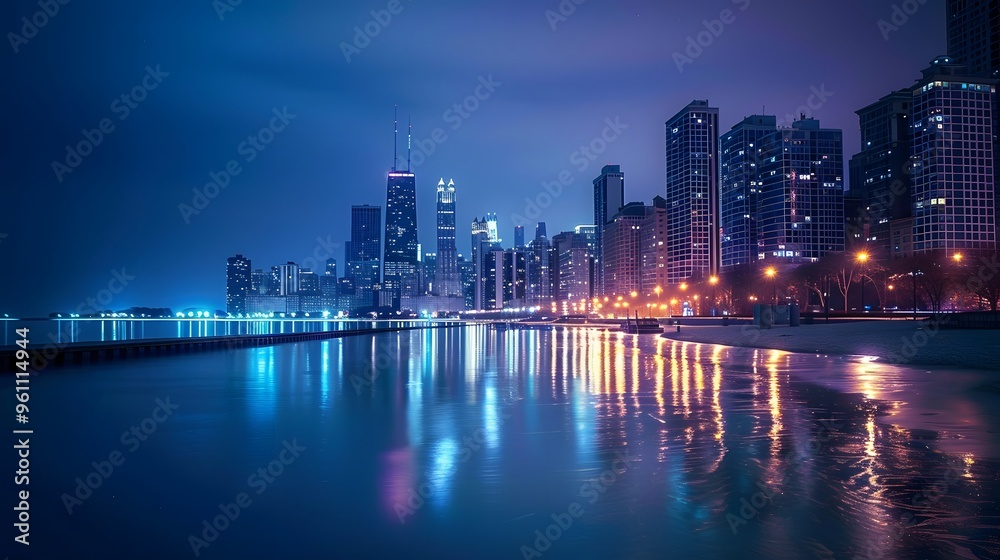 Chicago Skyline at Night with Reflections Chicago Skyline at Night with Reflections