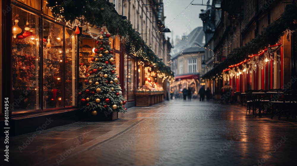 Fototapeta premium Christmas decoration tree in the shop. Winter street market in Europe.