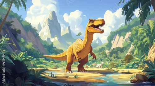 Fototapeta Naklejka Na Ścianę i Meble -  3D Cartoon Dinosaur Safari, vibrant jungle landscapes, dynamic dinosaurs, and detailed backgrounds