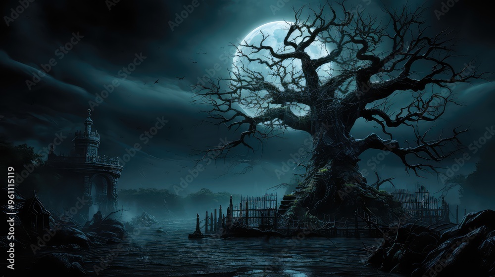 Silhouette of spooky tree illuminated by moonlight Silhouette of spooky tree illuminated by moonlight
