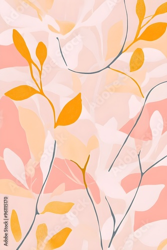 Delicate Floral Matisse Style Illustration with Light Pink and Yellow Tones