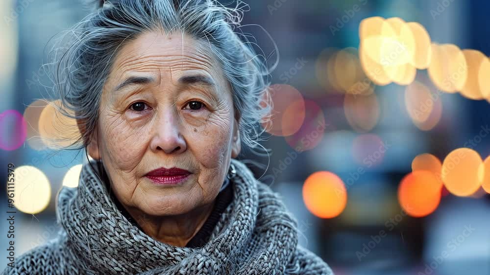 A portrait of an elderly woman in a cozy scarf on a bustling city street at sunset capturing the warmth of her expression and surroundings A portrait of an elderly woman in a cozy scarf on a bustling city street at sunset capturing the warmth of her expression and surroundings