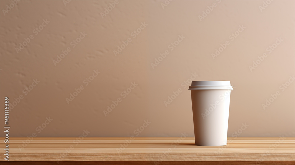 Blank craft paper cup standing on wooden table with beige wall in the background. Paper cup coffee Blank craft paper cup standing on wooden table with beige wall in the background. Paper cup coffee