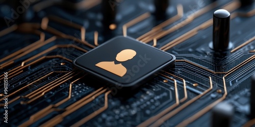 Close-up of a digital user icon embedded on a futuristic circuit board, symbolizing technology, digital identity, and cybersecurity.