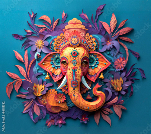 Paper cut head of lord ganesha surrounded by colorful leaves and flowers.	