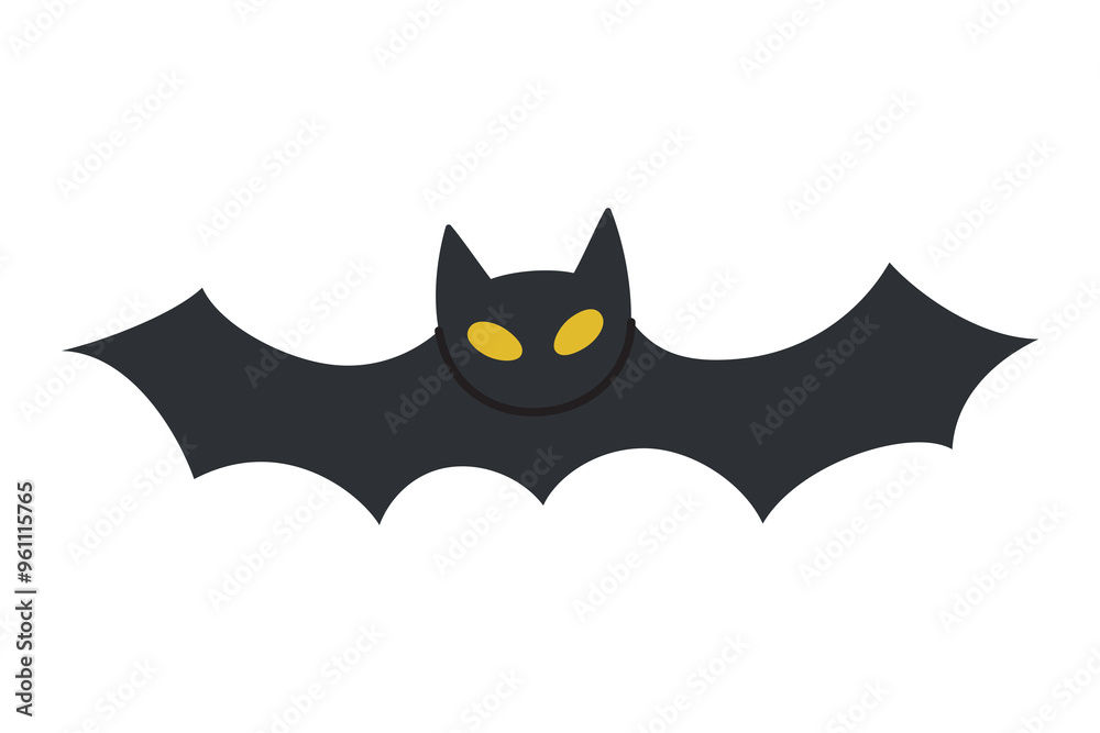 Obraz premium Vector illustration of cartoon style bat with yellow eyes, icon symbol for Halloween decorations. The black bat with spread wings for spooky, nocturnal feel to festive Halloween design