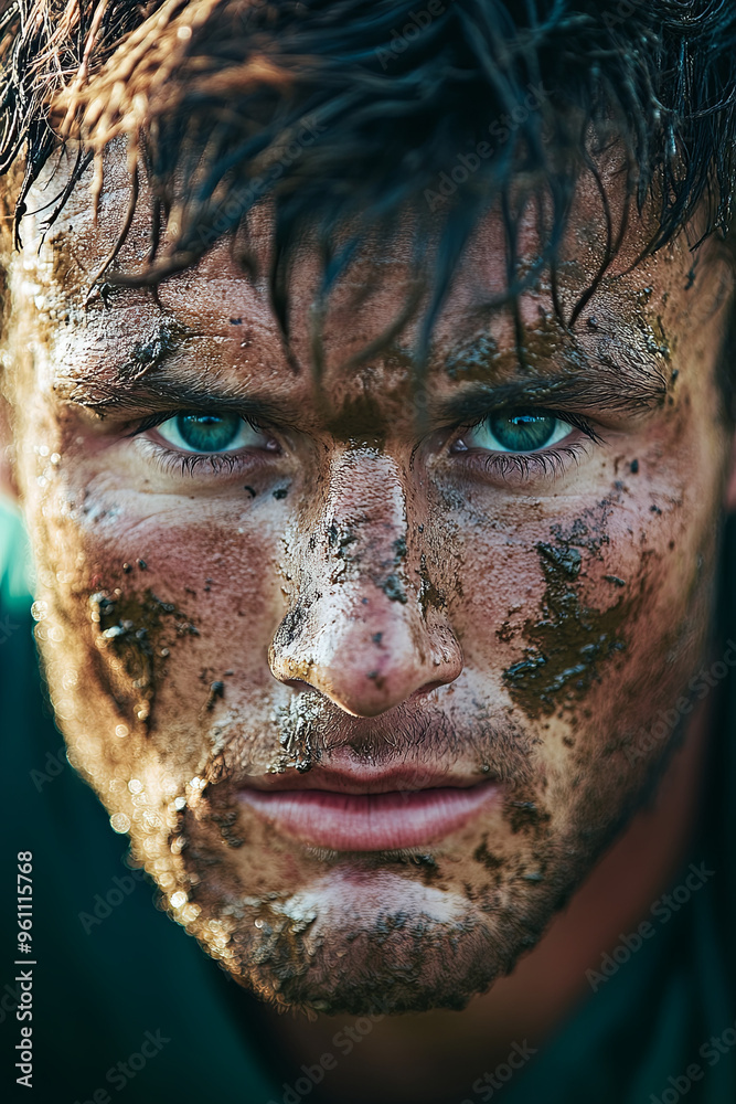 Close-up of a determined rugby player ready for a tackle, mud on face Close-up of a determined rugby player ready for a tackle, mud on face