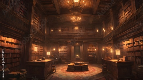 Antique Library Interior with Bookshelves Chandelier and Desks