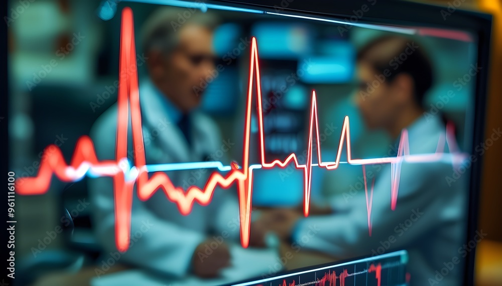 Heartbeat pulse line on a monitor with doctor in background ...