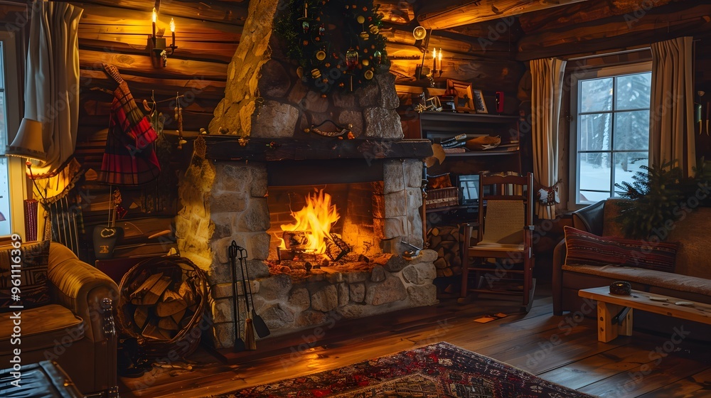 Cozy Log Cabin Living Room with Fireplace and Winter View Cozy Log Cabin Living Room with Fireplace and Winter View