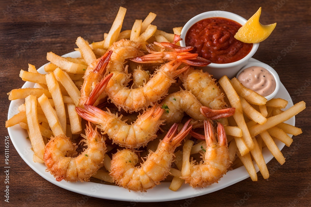 Fried shrimp basket with golden shrimp crispy fries and cocktail sauce, AI Generated Fried shrimp basket with golden shrimp crispy fries and cocktail sauce, AI Generated