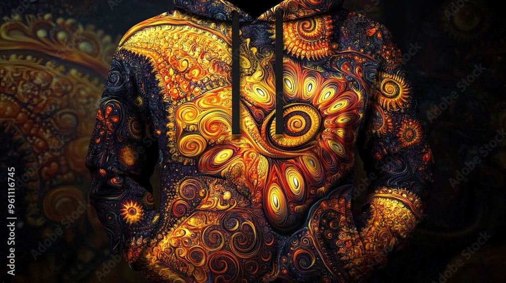 Fototapeta premium Vibrant Floral Hoodie Poster: Intricate Swirls & Textured Design in Orange and Yellow on Dark Background - Perfect for Sporty Interiors and Trendy Spaces!