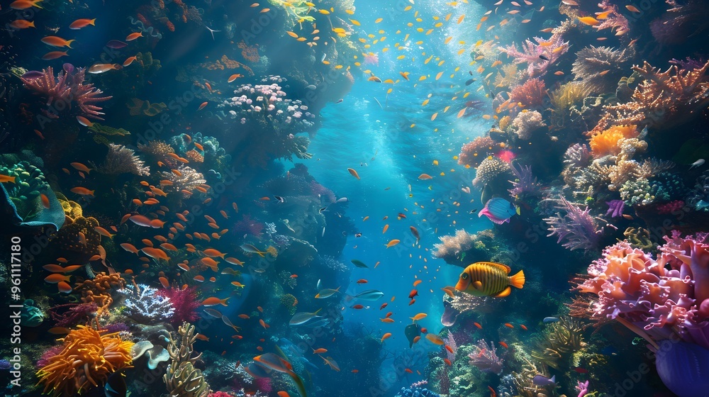 Fototapeta premium Vibrant Coral Reef with Fish and Sunlight